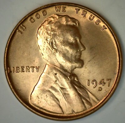 1947 D Uncirculated Lincoln Wheat Cent Coin Nice Red Penny Denver 1c - Image 1 of 2