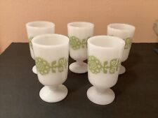 Glasbake Pedestal  Milk Glass Irish Coffee Mug, Green Floral, (set of 5) Vintage