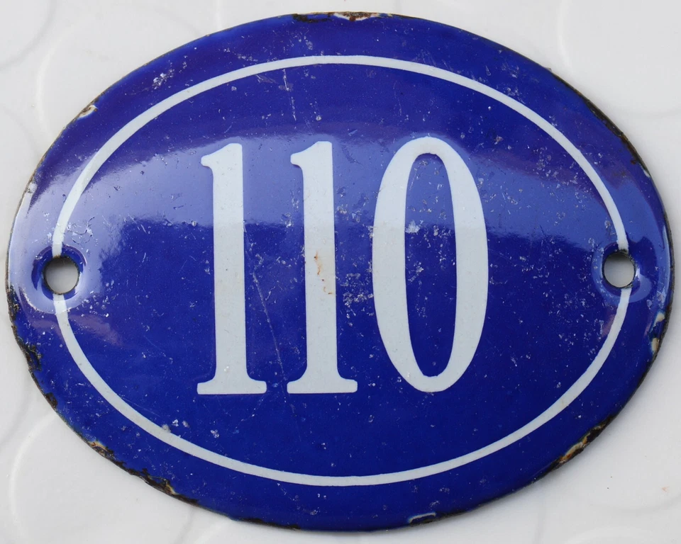 Old blue oval French house number 110 door gate plaque plate enamel steel sign - Image 1 of 1