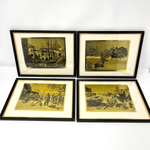 4 cuadros artísticos grabados en lámina de oro enmarcados de colección de Lionel Barrymore Boats Ocean - Imagen 1 de 13