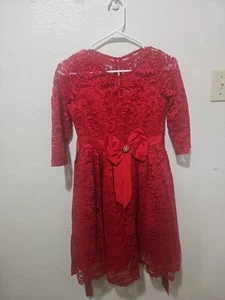 Rare Editions Red Lace Dress with Bow and Rhinestone Medallion, Size 10 - Picture 1 of 5