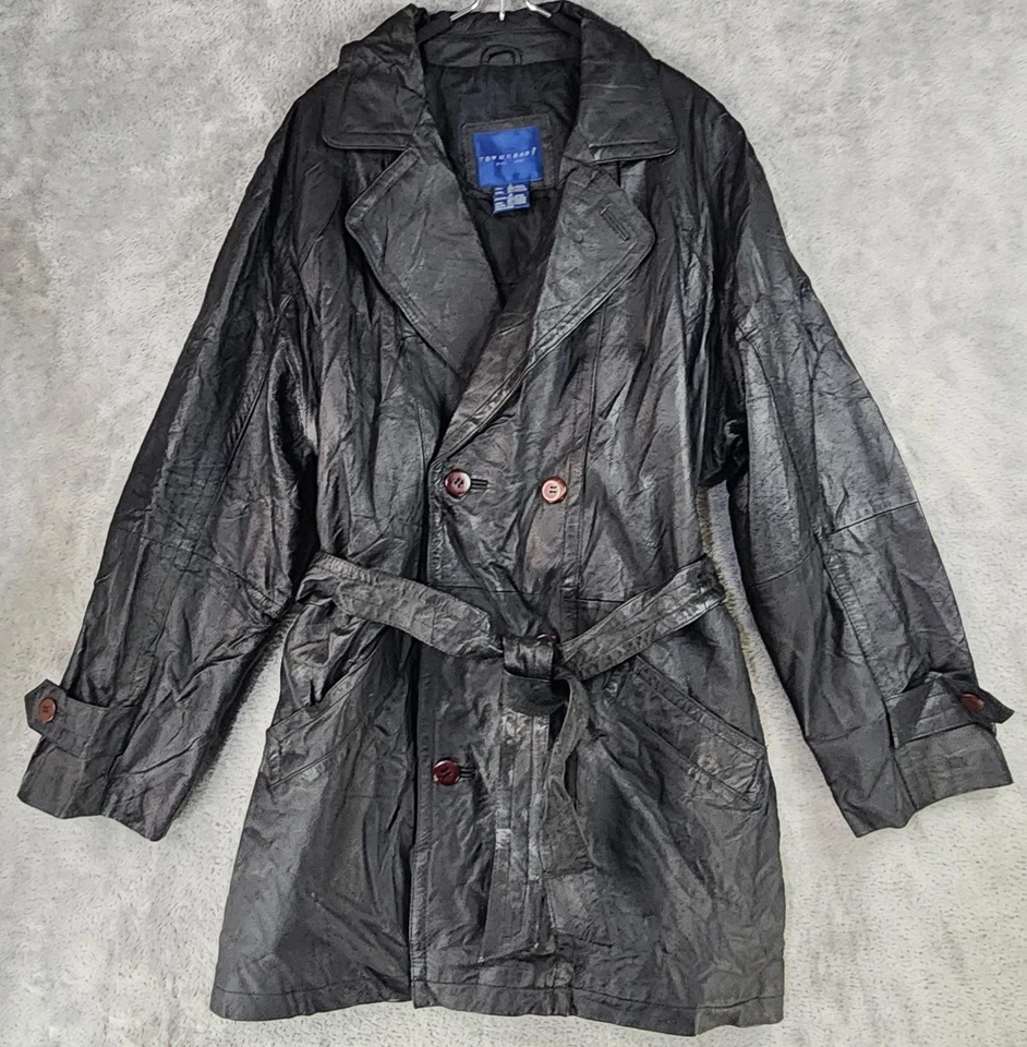 Chaqueta Towncraft Para Hombre Grande Cuero Negro Cinturón Doble Pecho Gabardina Foto 1 de 4