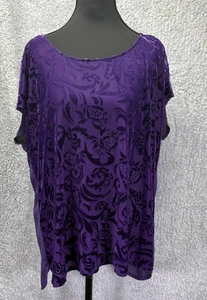 Damen 14/16 (1X) Top Bluse Lila Ausbrenner Samt Kurzarm Transparent High Low - Bild 1 von 9