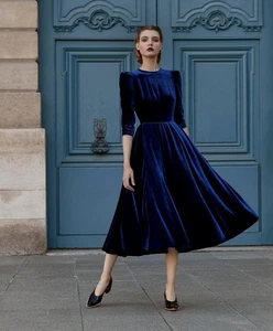 Moda Mujeres Azul Terciopelo Midi Vestido Desmalezar Noche Reunión Fiesta Ropa Vestido - Imagen 1 de 5