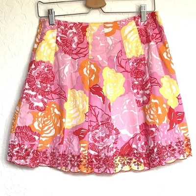 LILLY PULITZER Niñas 16 Etiqueta Blanca Rosa Plisada Falda Bordada Vieira Foto 1 de 4