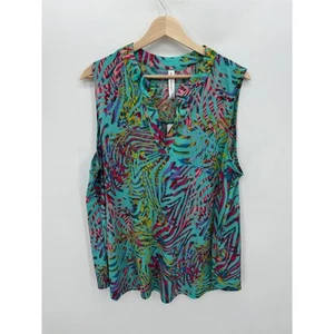 Dear Scarlett Tank Women 2X Blue Green Tropical Sleeveless Slinky Stretch NWT - Picture 1 of 8