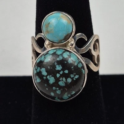 DTR Jay King Sterling Silver Turquoise Ring Women's Two Stone Scrollwork 7.5 - Image 1 of 4