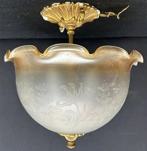 Antique Brass Acorn Floral Design Ceiling Pendant with Amber Clear Frosted Shade - Picture 1 of 17