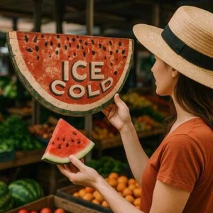 Large Farmhouse Roadside Style Ice Cold Watermelon 31" Advertising Wooden Sign - Picture 1 of 2