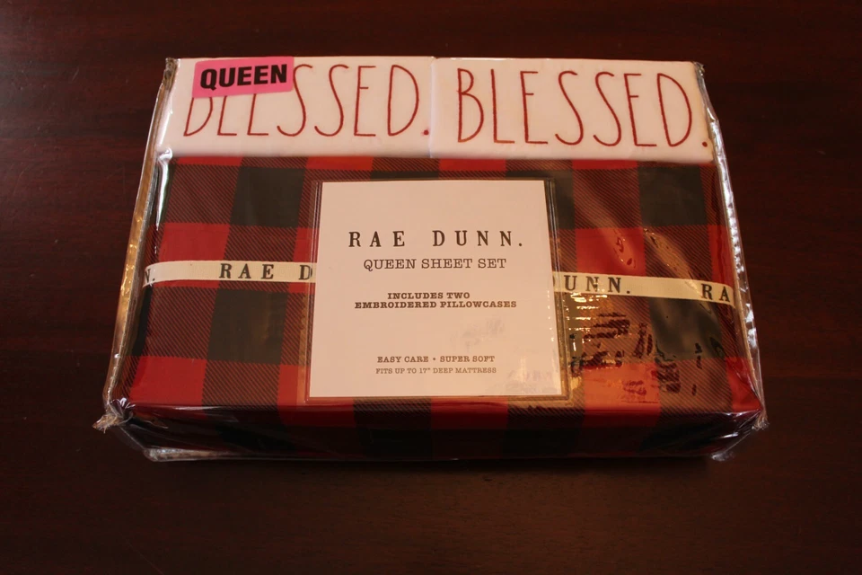rae dunn holiday buffalo plaid sheet set queen nip new blessed red black - Image 1 of 1