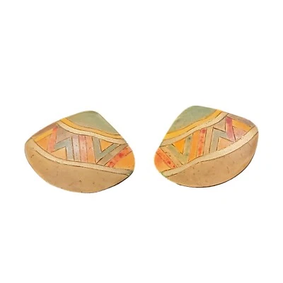 Vtg Summer 1980s Colorful Wood  Earrings Clipons Inlay Domed Geometric  - Image 1 of 4