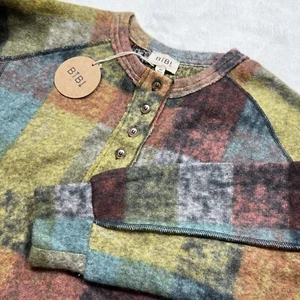 Bibi Plaid Fleece Pullover Soft Cozy Oversized Sweater Medium Hippie Boho Y2K - Picture 1 of 7
