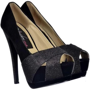 SCARPE DA DONNA NERE SCINTILLANTI IN PELLE SCAMOSCIATA GLITTER PUNTA APERTA A STILETTO TACCO PARTY PROM 3-8 - Foto 1 di 10