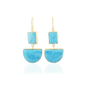 Synthetic Howlite Turquoise Gold Plated Rectangle & D Shape Hook Wire Earrings - Picture 1 of 3