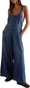 Women Denim Overalls Wide Leg Bib Pants Adjustable Strap Sleeveless Jean Jumpsui - Picture 1 of 4