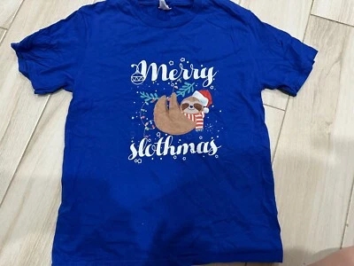 Camisa de vacaciones azul perezoso de Navidad para niños manga corta talla 10-12 mediana Foto 1 de 3