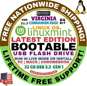 Linux MINT 21.3 USB VIRGINIA Cinnamon Edge 64-Bit Live Boot, Install for MAC, PC - Picture 1 of 7