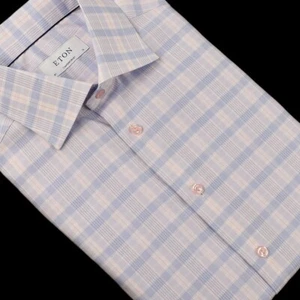 ETON Pink Blue Check CONTEMPORARY Spread Collar Cotton Dress Shirt 16 NEW - Picture 1 of 2