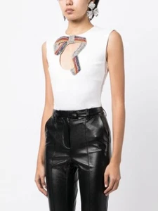 Area Embroidered embellished Crystal Bow White Bodysuit Size XS New with Tags - Picture 1 of 11