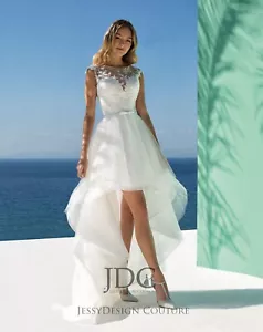 Brautkleid vorne kurz hinten lang m.Schleppe Rüschenrock Perlen Weiß Ivory Neu - Bild 1 von 6