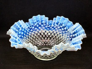 Vintage Fenton Art Glass Opalescent Hobnail Ruffled Bowl Moonstone Milk Glass 10 - Picture 1 of 8