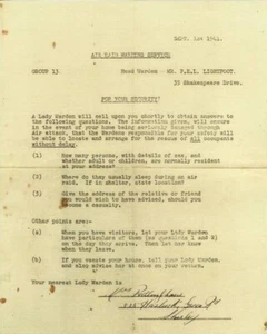Ephemera Letter Air Raid Lady Warden House Visit 1941 WW2 Blitz War Replica - Picture 1 of 1