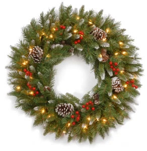 Ghirlanda natalizia floccata preilluminata 24" con pigne e bacche luci bianche - Foto 1 di 6
