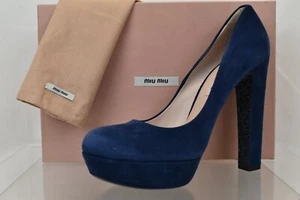 NIB MIU MIU NAVY SUEDE GLITTER SOLE HIGH HEEL 5IP266 PLATFORM PUMPS 41 ITALY - Picture 1 of 12