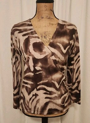 Top envolvente Jones Wear para mujer M marrón y beige manga 3/4 tejido mezcla seda Foto 1 de 4