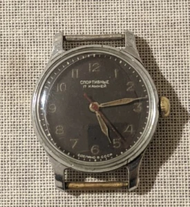 USSR WATCH 1 Mchz SPORTIVNIE Rare COLLECTIBLE 17j STOPSECOND BLACK DIAL SERVICED - Picture 1 of 12