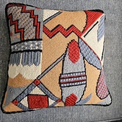 Vtg Retro Needlepoint  Brown,blues & Red Kilim Throw Pillow 13 X 13 Sewn In 8181 - Image 1 of 4