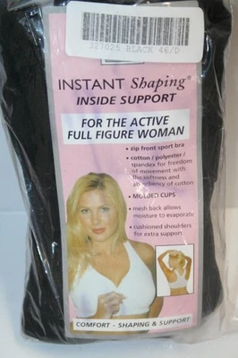 Zippity Black Zip-Front Sports Bra 46 D Molded Cup Mesh Back Cushion Straps BNWT - Image 1 of 4