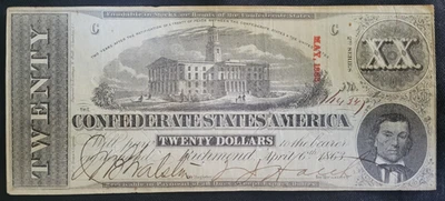 1863 Confederate Richmond 20 dollars- Cut cancelled X marks - Image 1 of 2