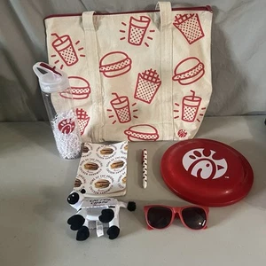 Chick-Fil-A Lot Of 7 Tote Bag Water Bottle Plush Cow Frisbee Notepad Pen Glasses - Picture 1 of 14