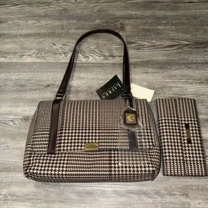 Ralph Lauren Womens Brown Tan Houndstooth Print Shoulder Bag And Wallet Stunning - Picture 1 of 8