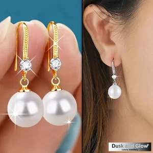 Gold Silver Faux Pearl Drop Stud Earrings CZ Women Ladies Jewellery Gift UK - Picture 1 of 10