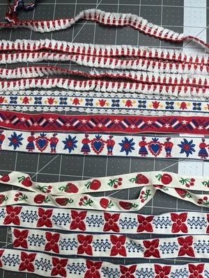 Vintage 70's Patriotic Trim Lot 36+ Yards Kitschy Red White Blue Crafts Dolls - Image 1 of 4