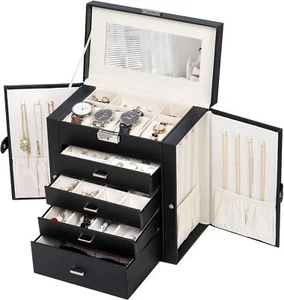 Kendal Black 5-Layer Large Leather Jewelry Box Watch Jewelry Organizer w/ Mirror - Picture 1 of 8