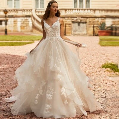 Beach V-Neck Wedding Dresses Spaghetti Strap Tiered Zipper Lace Applique Gowns - Image 1 of 4
