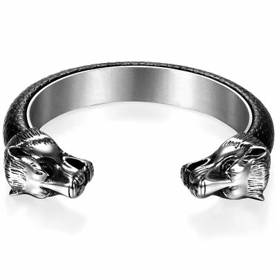 Brazalete Brazalete Hombre Elástico Acero Inoxidable Cuero Negro Cabeza de Lobo Puño Abierto Foto 1 de 4