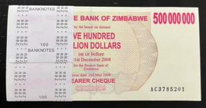 ZIMBABWE 500000000 DOLLAR x 100 Pcs P-60 2008 500 MILLION BUNDLE UNC PACK NOTE - Picture 1 of 4