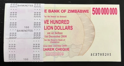 ZIMBABWE 500000000 DOLLAR x 100 Pcs P-60 2008 500 MILLION BUNDLE UNC PACK NOTE - Image 1 of 4