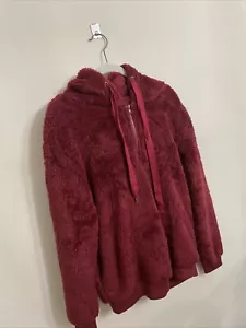 Womens Hooded Red Maroon Fur Zip Up Fleece Hoodie Jacket Sz M - Picture 1 of 11