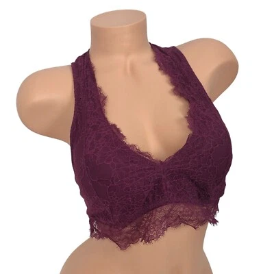 Hollister Gilly Hicks Floral Lace Bralette Size L Racerback Padded Burgundy Wine - Image 1 of 4