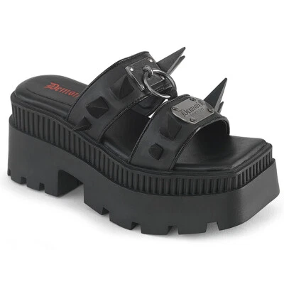 Black Chunky Square Toe Platform Sandals Slides Punk Gothic Spikes Shoes Demonia - Image 1 of 2