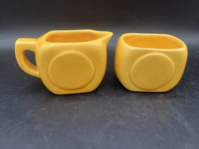 Vintage Ceramic Yellow Atomic Style Retro Cream and Sugar Set Boxy  - Image 1 of 4