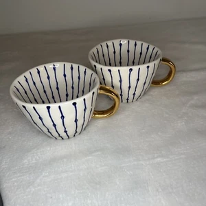 Set of 2 The Old Pottery Company Hand Crafted Hand Painted Gold Handle Just Mugs - Picture 1 of 7