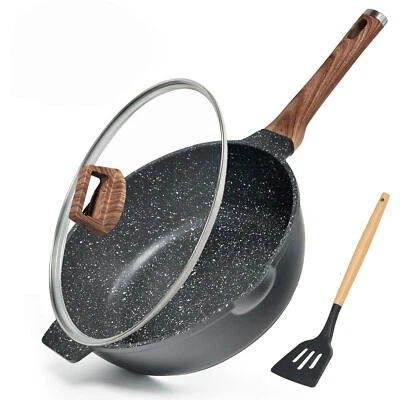 MOJIRE Deep Frying Pan Nonstick Cookware Set 5.5 Q Granite Skillet with Lid Spatula