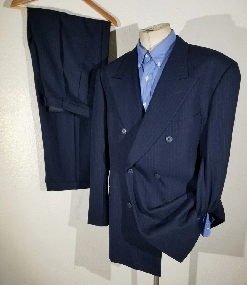 Jaqueta terno Armani estilo máfia giz lapela larga peito duplo 46L calça 40 x34 - Imagem 1 de 4