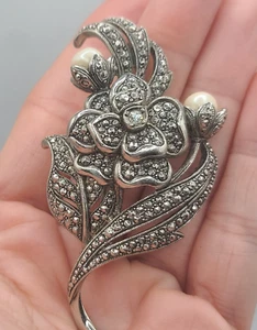 Vintage KJL Avon Brosche Floral Spray silberfarben Markasitenoptik Kunstperlen - Bild 1 von 12